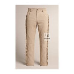 Men's beige suede fringe pants with full-length side fringe and cowboy-inspired styling