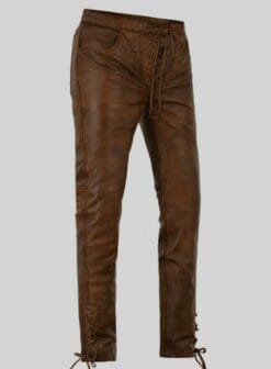 Men Cowboy Brown Leather Pant With Laces, MLP2