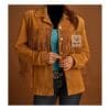 Women's Brown Suede Fringe Jacket with long waterfall fringe, snap button closure, and classic lapel collar