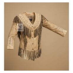 Women’s Western Beige Leather Jacket With Fringes & Bones WWLJ1
