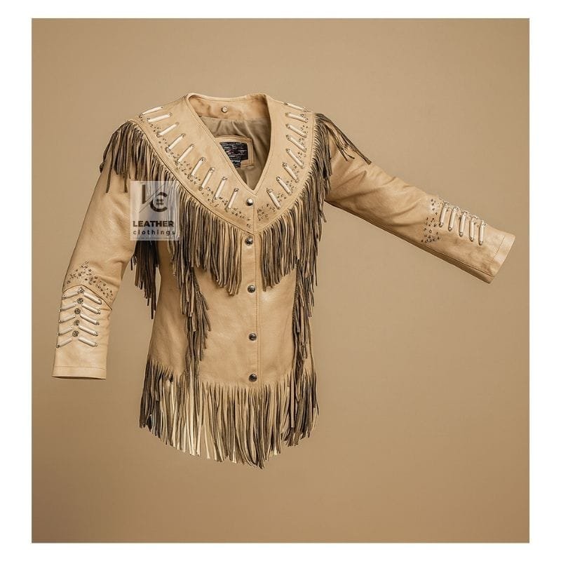 Women’s Western Beige Leather Jacket With Fringes & Bones WWLJ1
