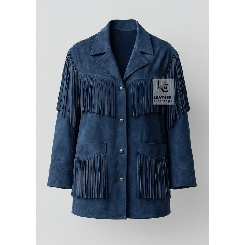 Blue Suede Leather Fringe Jacket for Women – Classic Western Cowgirl Outfit with Snap Buttons