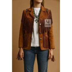 Western Fashion Women’s Suede Jacket – Brown Fringe Cowgirl Outfit with Decorative Stitching and Buttons