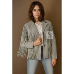 Women’s Gray Suede Fringe Western Jacket – Handmade Cowgirl Leather Coat by Leather Clothings