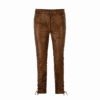 Men's brown cowhide leather lace-up pants with front lace closure and adjustable ankle laces