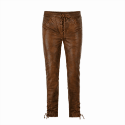 Men's brown cowhide leather lace-up pants with front lace closure and adjustable ankle laces