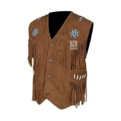 Men's Brown Suede Fringe Vest with Turquoise Beaded Medallions crafted from genuine suede leather