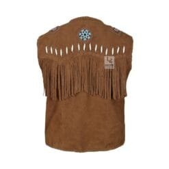 Men's Brown Suede Fringe Vest with Turquoise Beaded Medallions crafted from genuine suede leather backside