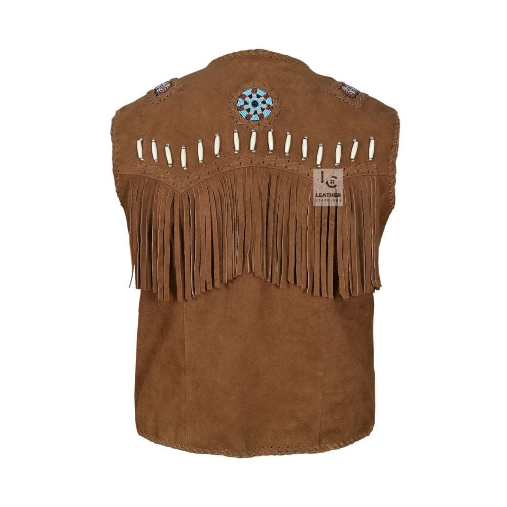Men's Brown Suede Fringe Vest with Turquoise Beaded Medallions crafted from genuine suede leather backside