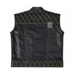 Men's Diamond Quilted Leather Motorcycle Vest with Cognac Stitching front and back views