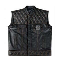 Men's Diamond Quilted Leather Motorcycle Vest with Cognac Stitching front and Front views