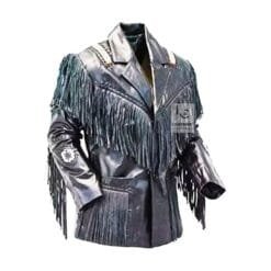 Men's Iron Trail fringe leather jacket with angled Western yoke and cascading leather fringe
