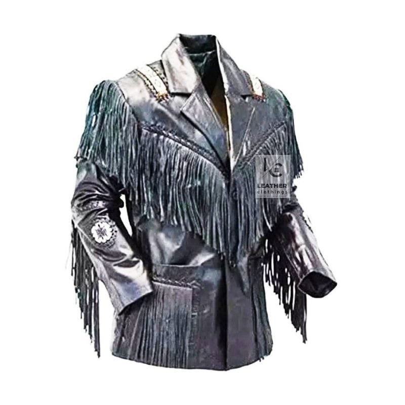 Men's Iron Trail fringe leather jacket with angled Western yoke and cascading leather fringe