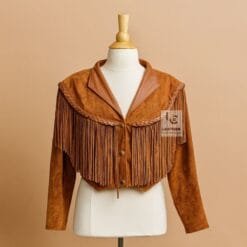 Brown Suede Leather Fringe Jacket for Women – Vintage Western Cropped Cowgirl Coat with Long Tassels