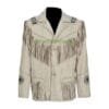Men’s ivory fringe leather jacket with beaded medallions and Western detailing