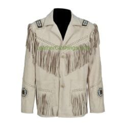 Men’s ivory fringe leather jacket with beaded medallions and Western detailing