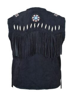 Authentic Style-Cowboy Black Suede Western Vest with Fringes, Beads, and Bones