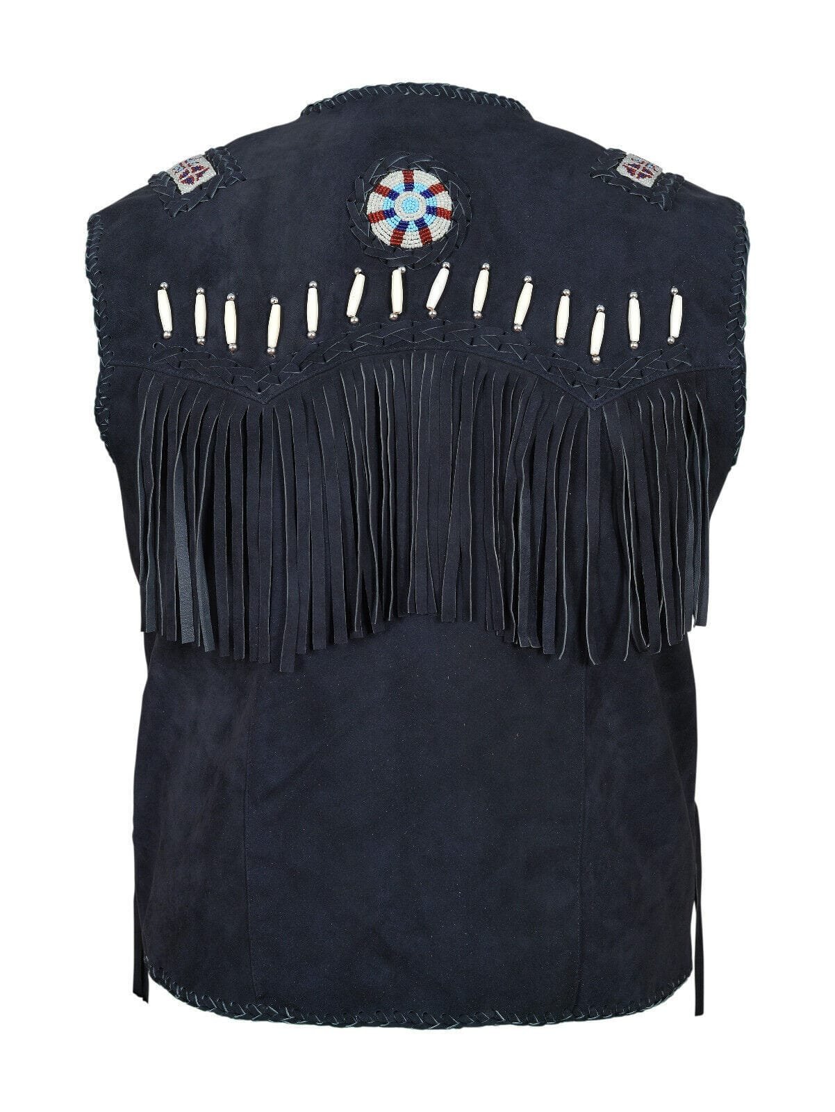 Authentic Style-Cowboy Black Suede Western Vest with Fringes, Beads, and Bones