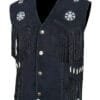 Men's Black Fringe Suede Leather Vest with Beaded Medallions handcrafted from genuine suede leather