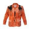 Men's burnt orange and black cowhide suede fringe jacket with lace-up front, embroidered shoulder accents, and cascading fringe