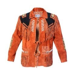 Men's burnt orange and black cowhide suede fringe jacket with lace-up front, embroidered shoulder accents, and cascading fringe