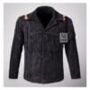 Men's black cowhide suede fringe jacket with braided yoke detailing and embroidered shoulder accent tabs