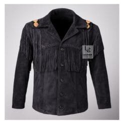 Men's black cowhide suede fringe jacket with braided yoke detailing and embroidered shoulder accent tabs
