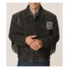 Men’s Black suede fringe jacket with running stitch lacing and YKK zipper