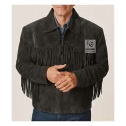 Men’s Black suede fringe jacket with running stitch lacing and YKK zipper