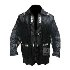 Men's Frontier Heritage black leather fringe jacket with braided yoke and beaded shoulder accents