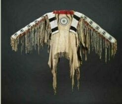 Women's Beaded Suade War Shirt with multicolor fringe and geometric beadwork