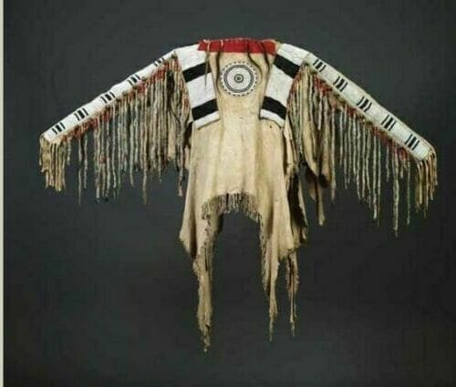 Women's Beaded Suade War Shirt with multicolor fringe and geometric beadwork