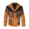 Men's saddle tan cowhide suede fringe jacket with dark brown yokes, braided trim, and concho-style medallions