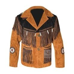 Men's saddle tan cowhide suede fringe jacket with dark brown yokes, braided trim, and concho-style medallions