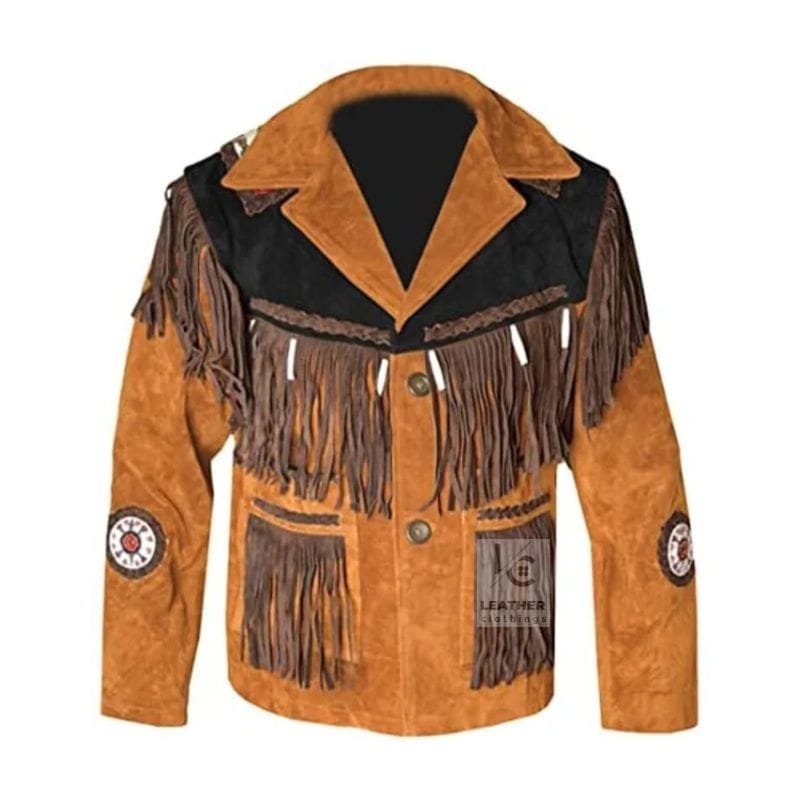 Men's saddle tan cowhide suede fringe jacket with dark brown yokes, braided trim, and concho-style medallions