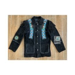 Men’s black suede fringe jacket with eagle-inspired beaded panels and shoulder fringe