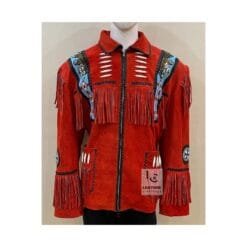 Men's cowboy style red suede eagle beaded fringe jacket with decorative bone accents