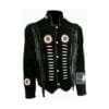 Men's black cowhide suede frontier fringe jacket with bone-style chest accents, braided trim and embroidered medallion patches