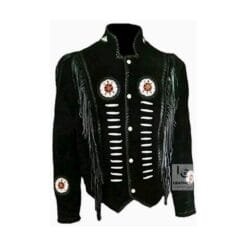 Men's black cowhide suede frontier fringe jacket with bone-style chest accents, braided trim and embroidered medallion patches