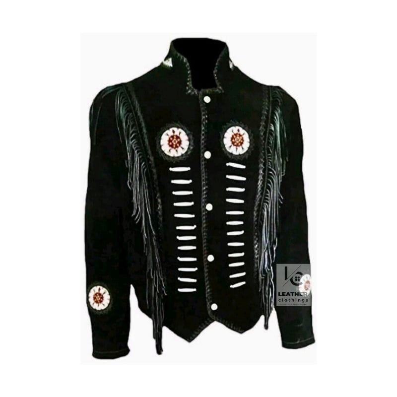 Men's black cowhide suede frontier fringe jacket with bone-style chest accents, braided trim and embroidered medallion patches