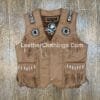 Men's Tan Leather Fringe Vest with Beaded Medallions crafted from genuine leather