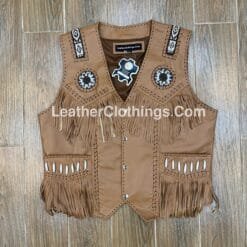 Men's Tan Leather Fringe Vest with Beaded Medallions crafted from genuine leather