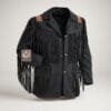 Men's black cowhide suede ranch jacket with long fringe, decorative shoulder accent panels, textured pocket trim, and snap-button closure