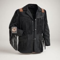 Men's black cowhide suede ranch jacket with long fringe, decorative shoulder accent panels, textured pocket trim, and snap-button closure