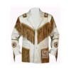Men’s white leather fringe jacket with brown fringe and beaded medallions
