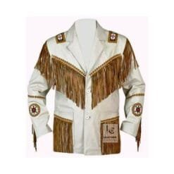 Men’s white leather fringe jacket with brown fringe and beaded medallions