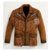 Men's Sierra Ridge leather fringe jacket in cognac genuine leather with contrast braided trim and embroidered shoulder accents