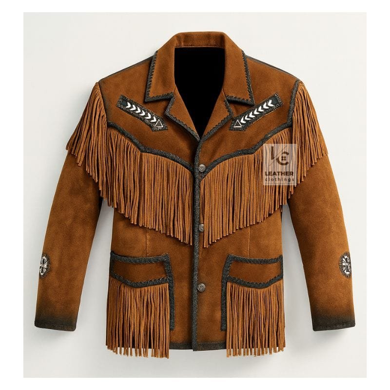 Men's Sierra Ridge leather fringe jacket in cognac genuine leather with contrast braided trim and embroidered shoulder accents