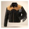 Men’s black and brown suede fringe jacket with running stitch lacing and YKK zipper