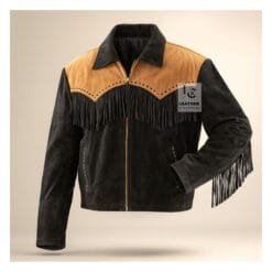 Men’s black and brown suede fringe jacket with running stitch lacing and YKK zipper